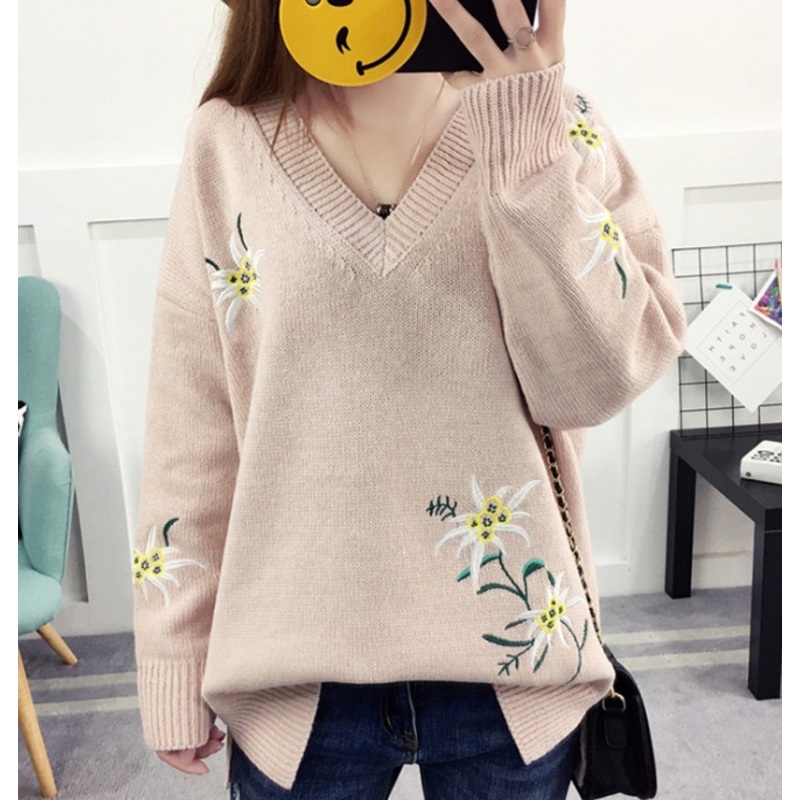 Loose Large Yards Deep V-Neck Embroidery Wild Knit Bottoming Shirt (BTQ213) – Knitted Sweater and Women Sweater price|S