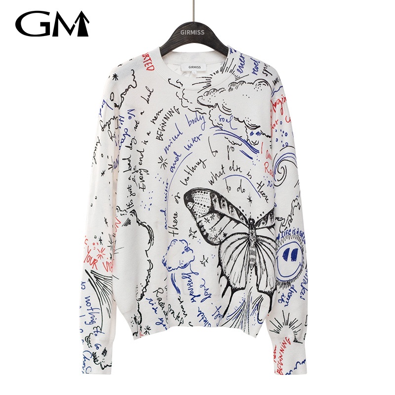 New White Graffiti Printed Knitted Top – Fashion Printed Knitted Top and Crew Neck Knitted Top price