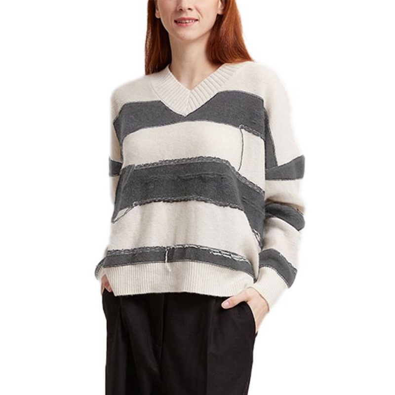 V-Neck Gradient Stripe Top Knit Loose Short Knit Sweater Pullover – Ladies Sweater and Striped Sweater price|S, S/M/L/Customized Size