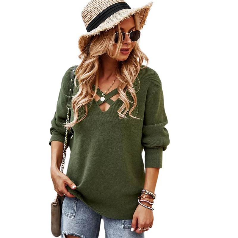 Wholesale Fall Winter Cross V Neck Long Sleeve Custom Women Sweaters – Women Sweater and Knit Sweater price|S, S, M, L, XL