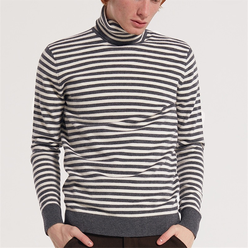 Wholesale Gray/White Striped Merino Wool Turtleneck Men Sweater – Men Sweater and Men Jumper price|S, S-XXL