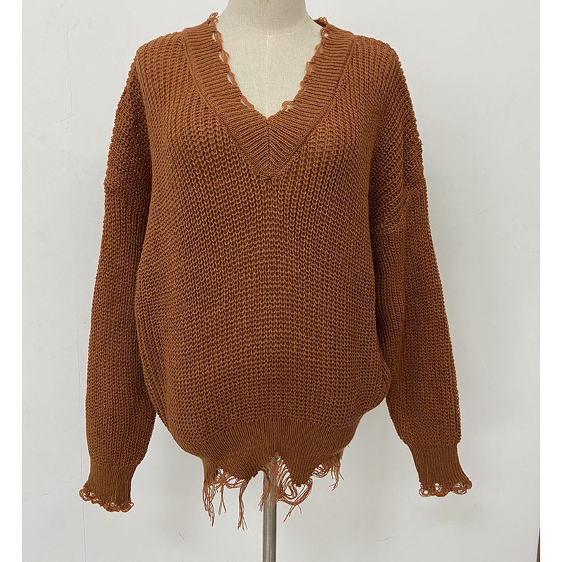 Winter Solid Color Long Sleeve V-Neck Oversize Knitted Distressed Sweater Women – Women and Leisure price|S